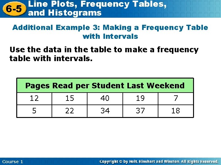 Line Plots, Frequency Tables, 6 -5 and Histograms Additional Example 3: Making a Frequency