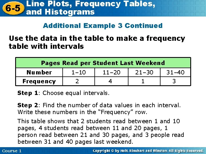 Line Plots, Frequency Tables, 6 -5 and Histograms Additional Example 3 Continued Use the