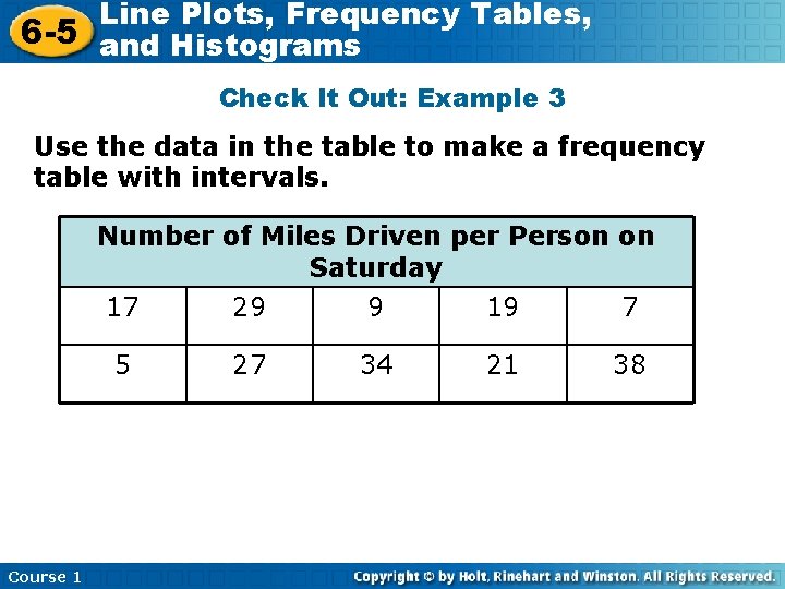 Line Plots, Frequency Tables, 6 -5 and Histograms Check It Out: Example 3 Use