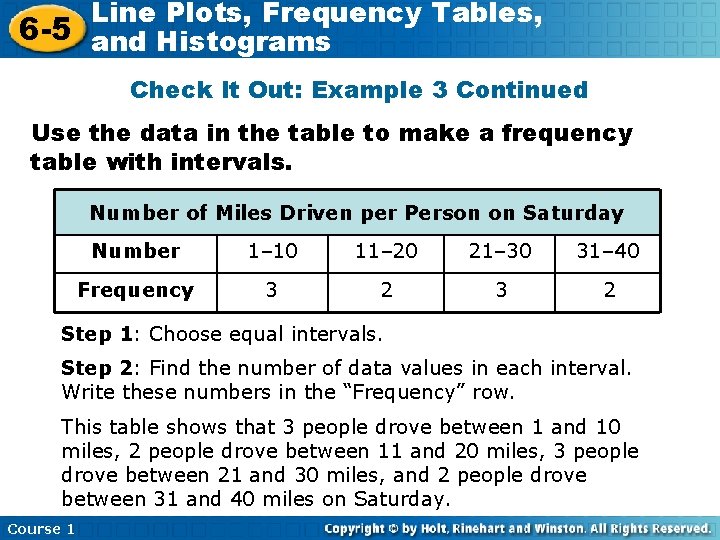 Line Plots, Frequency Tables, 6 -5 and Histograms Check It Out: Example 3 Continued