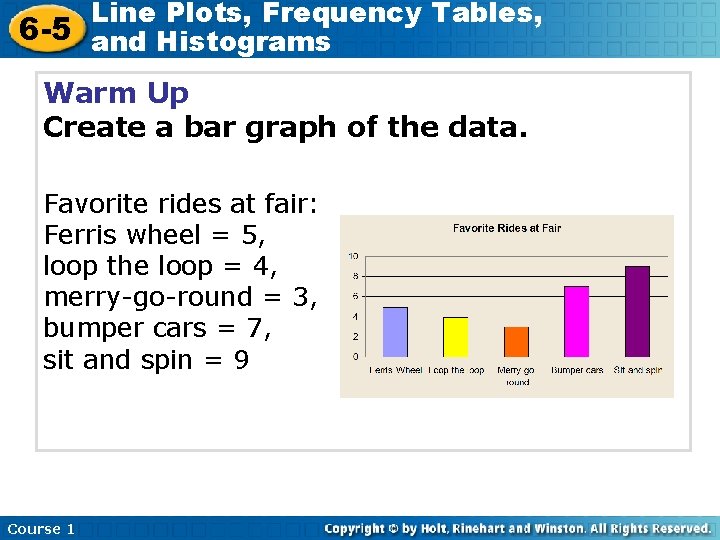 Line Plots, Frequency Tables, 6 -5 and Histograms Warm Up Create a bar graph