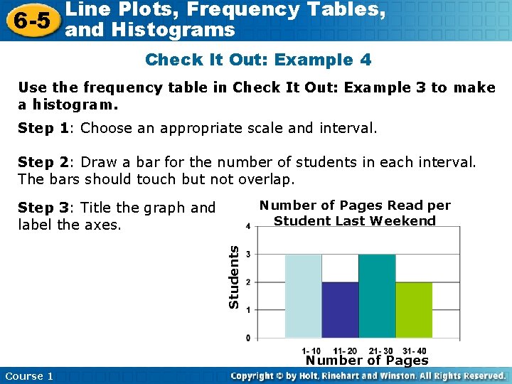 Line Plots, Frequency Tables, 6 -5 and Histograms Check It Out: Example 4 Use
