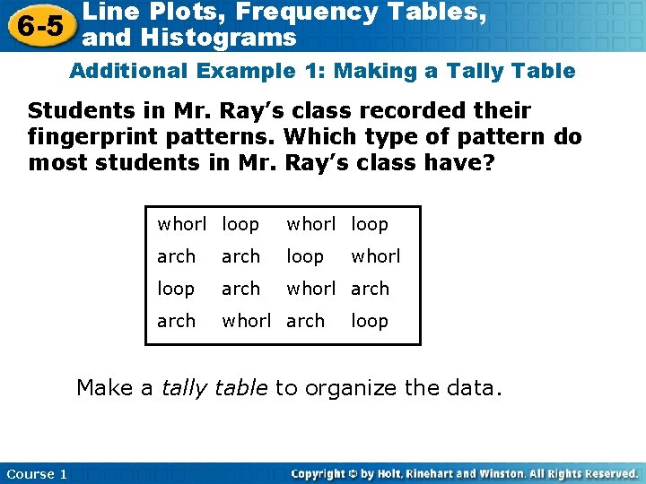 Line Plots, Frequency Tables, 6 -5 and Histograms Additional Example 1: Making a Tally