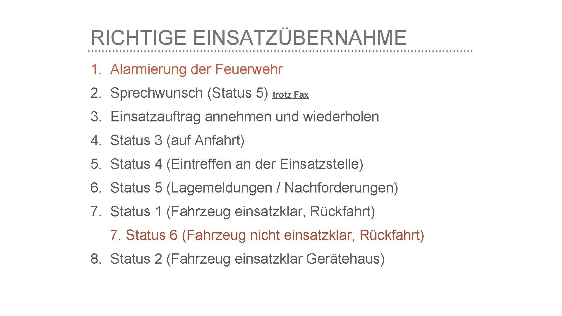 RICHTIGE EINSATZÜBERNAHME 1. Alarmierung der Feuerwehr 2. Sprechwunsch (Status 5) trotz Fax 3. Einsatzauftrag