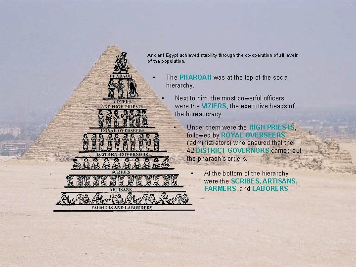 Ancient Egypt achieved stability through the co-operation of all levels of the population. •