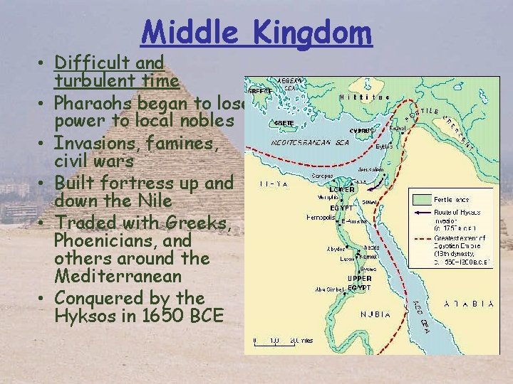 Middle Kingdom • Difficult and turbulent time • Pharaohs began to lose power to