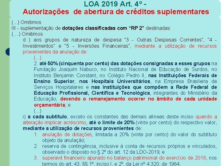 LOA 2019 Art. 4º Autorizações de abertura de créditos suplementares (. . . )