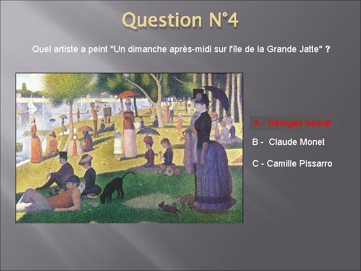 Question N° 4 Quel artiste a peint "Un dimanche après-midi sur l'île de la
