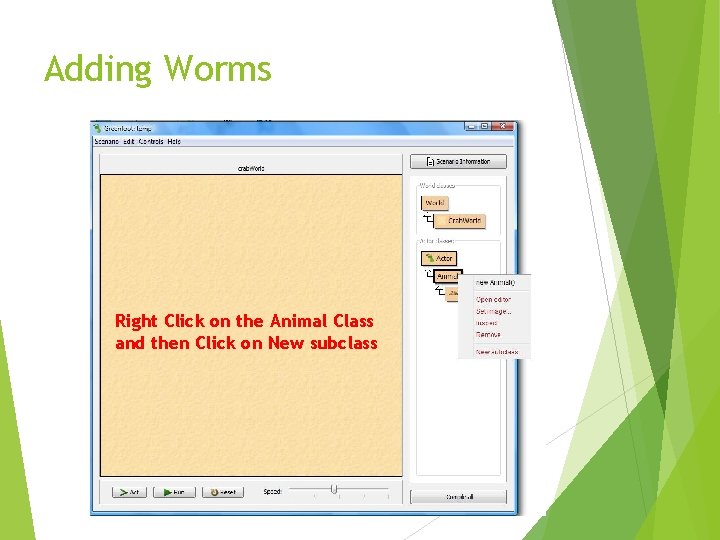 Adding Worms Right Click on the Animal Class and then Click on New subclass