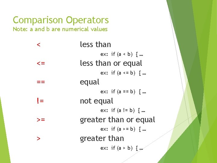 Comparison Operators Note: a and b are numerical values < less than ex: if