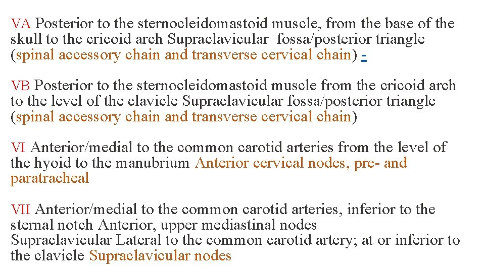 VA Posterior to the sternocleidomastoid muscle, from the base of the skull to the
