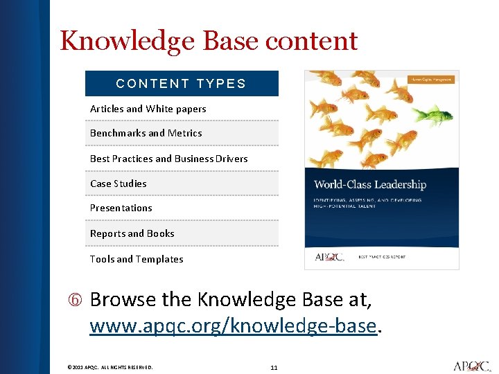 Knowledge Base content CONTENT TYPES Articles and White papers Benchmarks and Metrics Best Practices