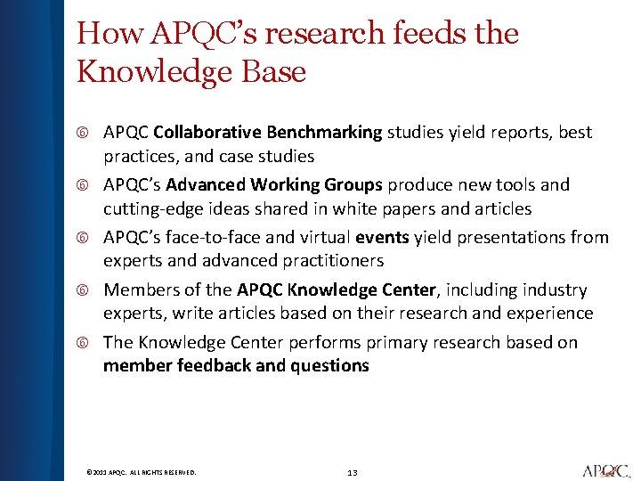 How APQC’s research feeds the Knowledge Base APQC Collaborative Benchmarking studies yield reports, best