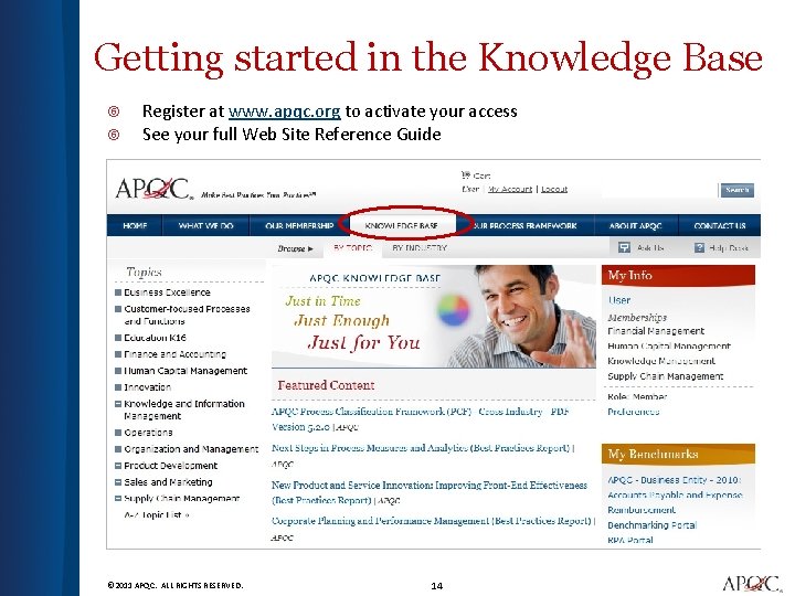 Getting started in the Knowledge Base Register at www. apqc. org to activate your