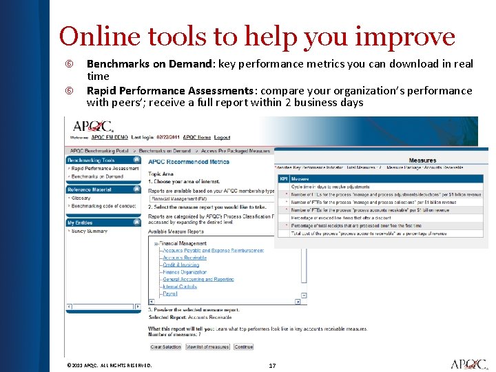 Online tools to help you improve Benchmarks on Demand: key performance metrics you can