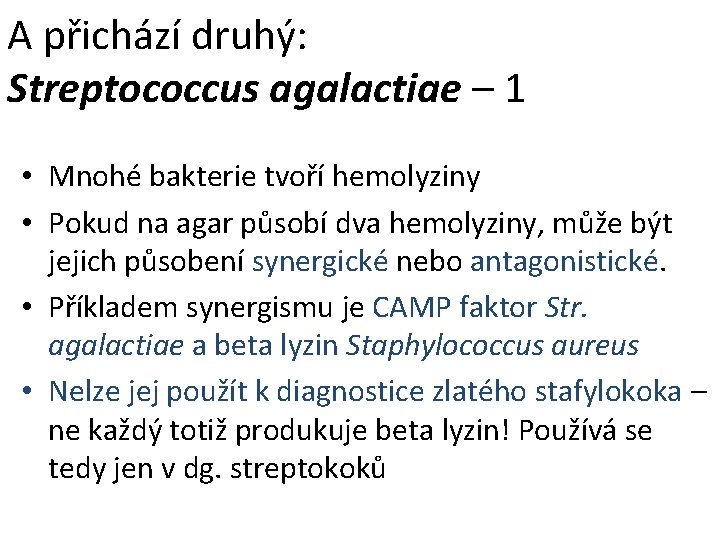 A přichází druhý: Streptococcus agalactiae – 1 • Mnohé bakterie tvoří hemolyziny • Pokud