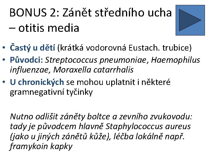BONUS 2: Zánět středního ucha – otitis media • Častý u dětí (krátká vodorovná