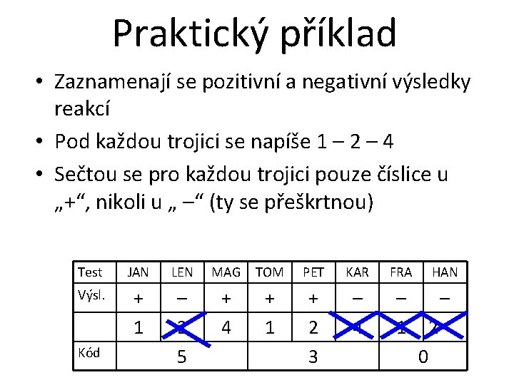 Praktický příklad • Zaznamenají se pozitivní a negativní výsledky reakcí • Pod každou trojici