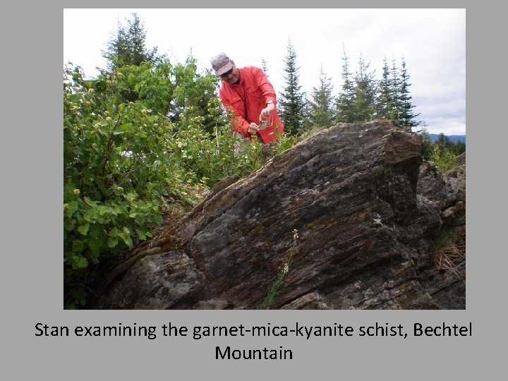 Stan examining the garnet-mica-kyanite schist, Bechtel Mountain 