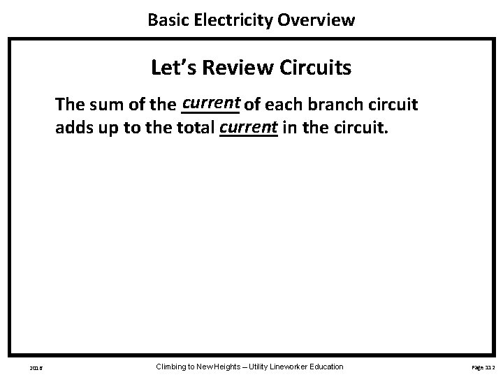 Basic Electricity Overview Let’s Review Circuits current The sum of the ______ of each