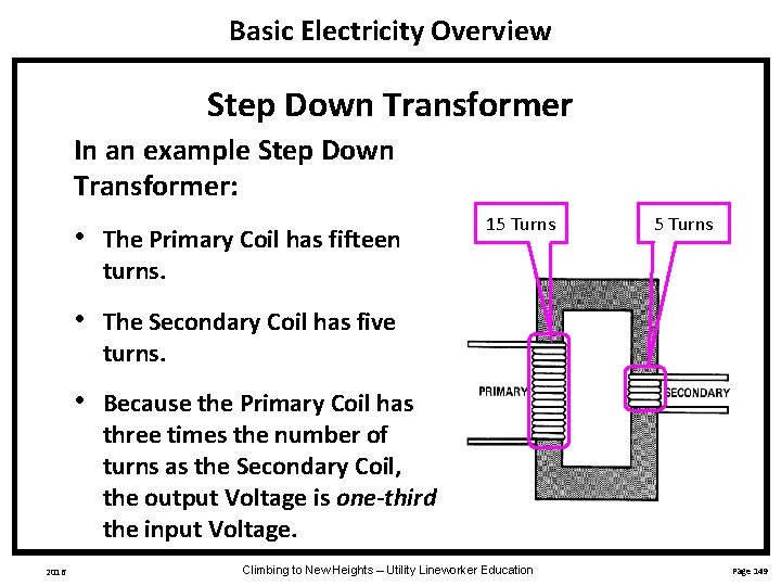 Basic Electricity Overview Step Down Transformer In an example Step Down Transformer: 2016 •