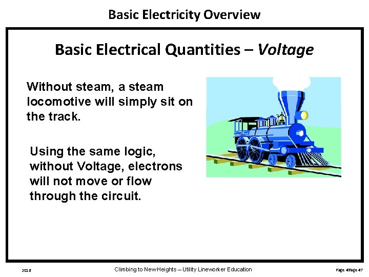 Basic Electricity Overview Basic Electrical Quantities – Voltage Without steam, a steam locomotive will