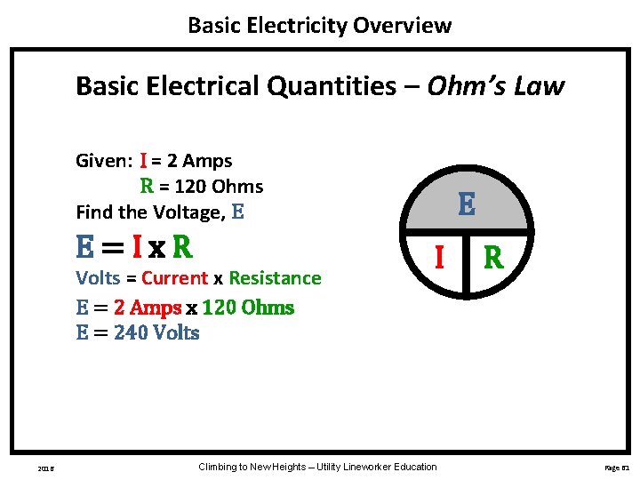 Basic Electricity Overview Basic Electrical Quantities – Ohm’s Law Given: I = 2 Amps