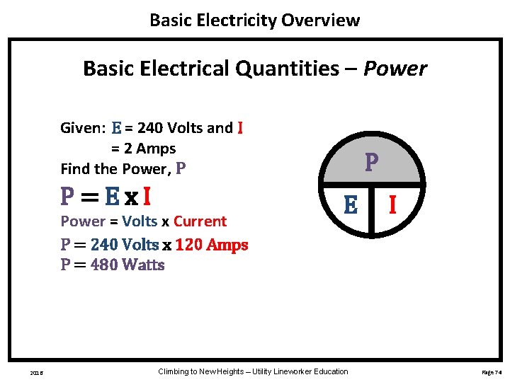 Basic Electricity Overview Basic Electrical Quantities – Power Given: E = 240 Volts and