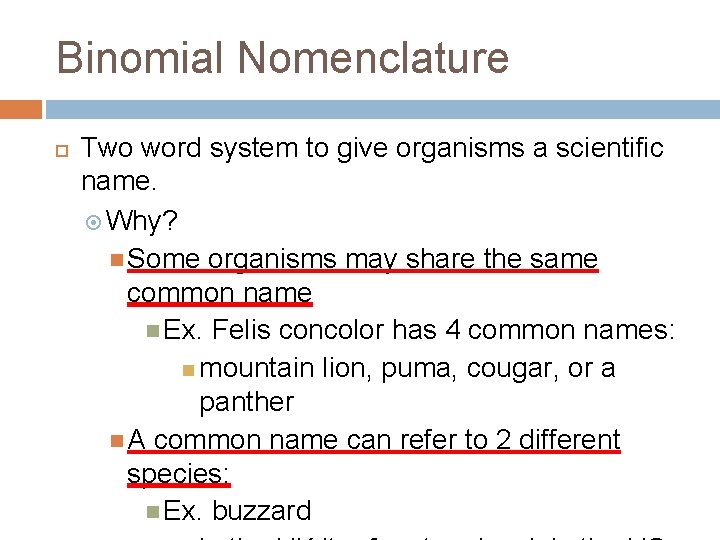 Binomial Nomenclature Two word system to give organisms a scientific name. Why? Some organisms