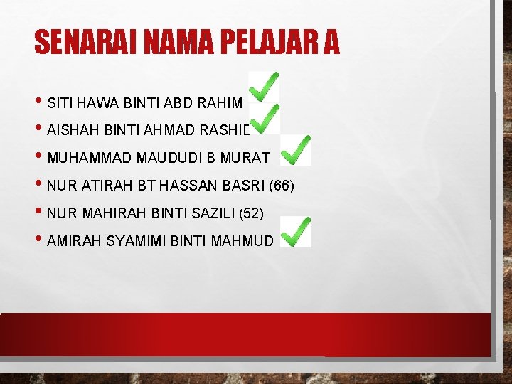 SENARAI NAMA PELAJAR A • SITI HAWA BINTI ABD RAHIM • AISHAH BINTI AHMAD