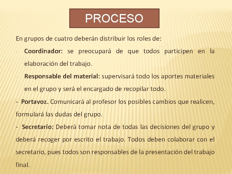 PROCESO En grupos de cuatro deberán distribuir los roles de: - Coordinador: se preocupará