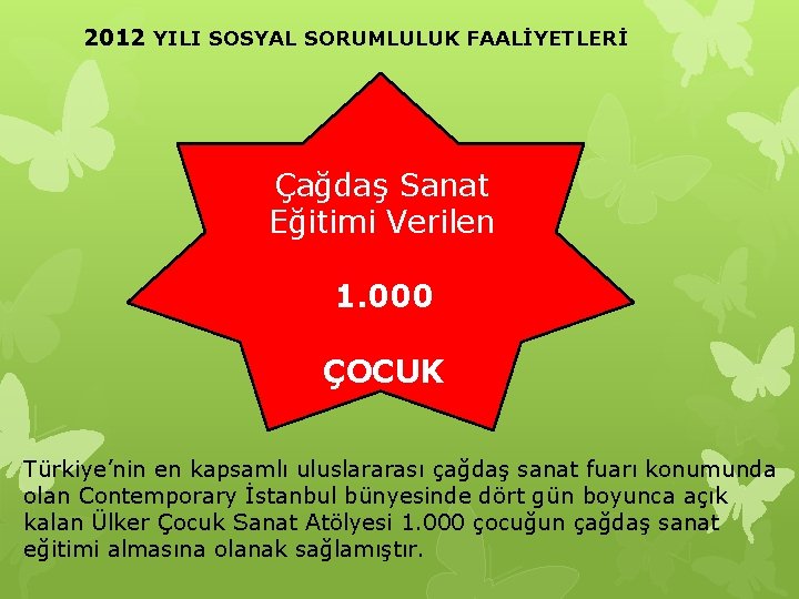 2012 YILI SOSYAL SORUMLULUK FAALİYETLERİ Çağdaş Sanat Eğitimi Verilen 1. 000 ÇOCUK Türkiye’nin en