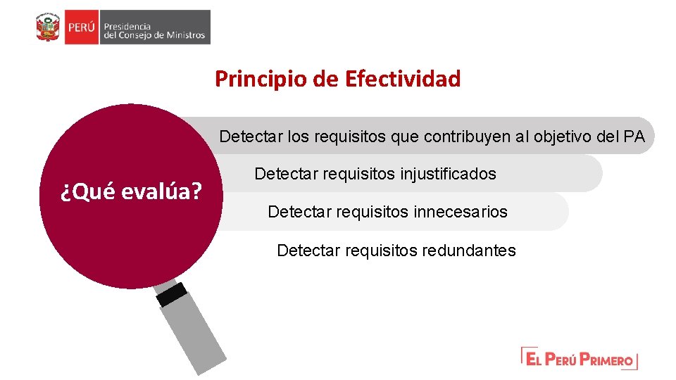 Principio de Efectividad Detectar los requisitos que contribuyen al objetivo del PA ¿Qué evalúa?