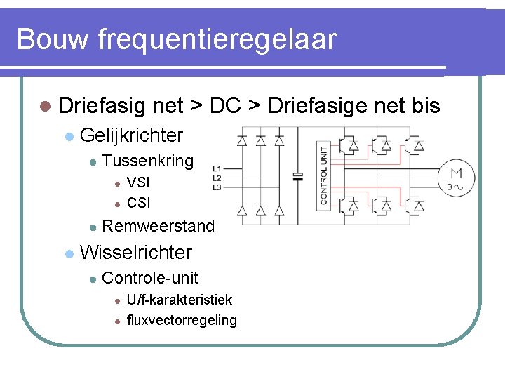 Bouw frequentieregelaar l Driefasig l Gelijkrichter l Tussenkring l l net > DC >