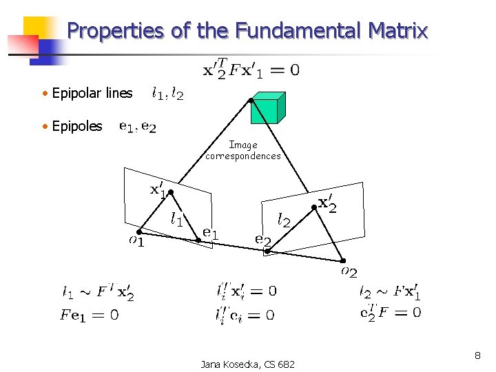 Properties of the Fundamental Matrix • Epipolar lines • Epipoles Image correspondences Jana Kosecka,