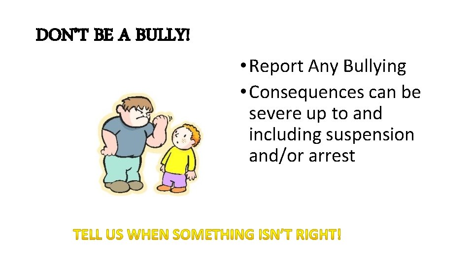 DON’T BE A BULLY! • Report Any Bullying • Consequences can be severe up
