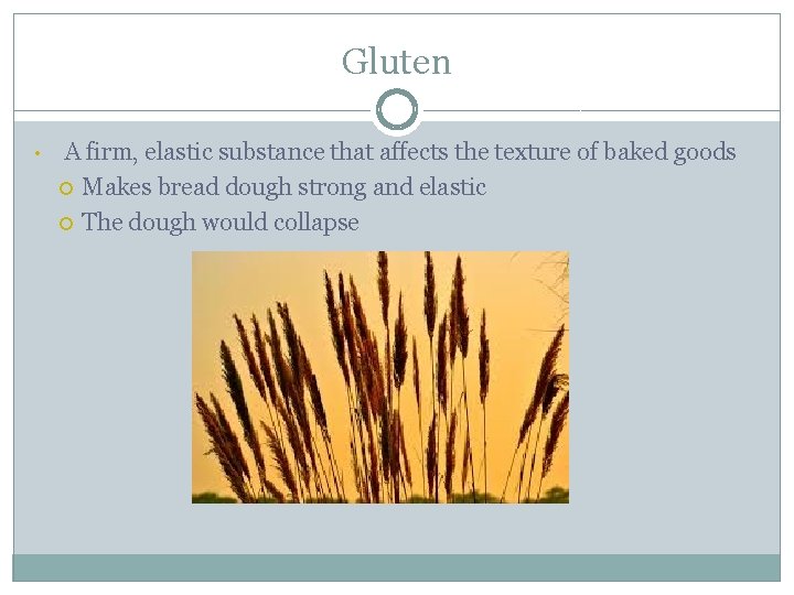 Gluten • A firm, elastic substance that affects the texture of baked goods Makes