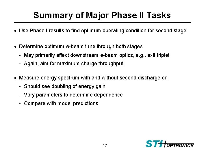 Summary of Major Phase II Tasks Use Phase I results to find optimum operating