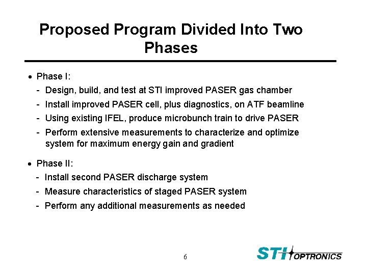 Proposed Program Divided Into Two Phases Phase I: - Design, build, and test at