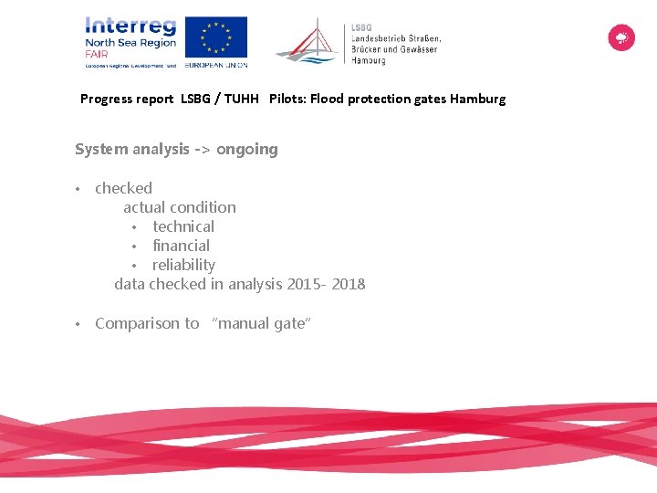 Progress report LSBG / TUHH Pilots: Flood protection gates Hamburg System analysis -> ongoing