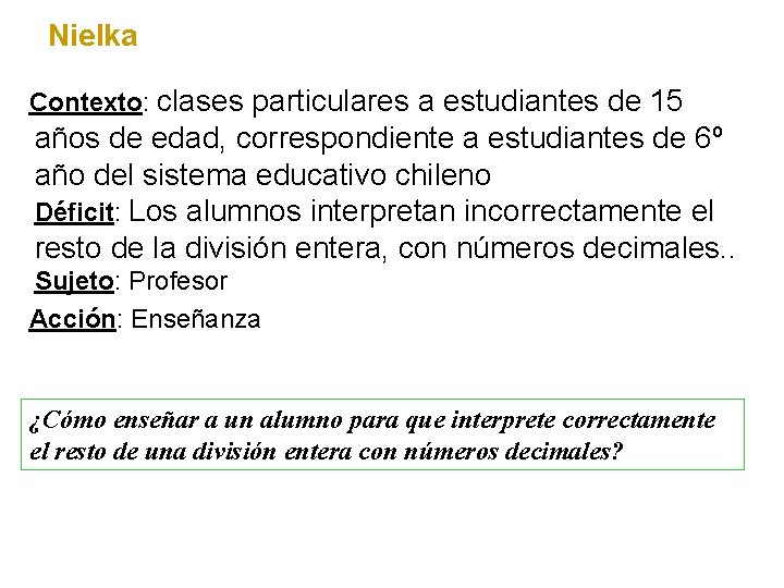 Nielka Contexto: clases particulares a estudiantes de 15 años de edad, correspondiente a estudiantes