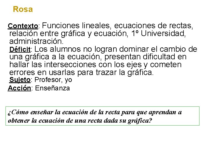 Rosa Contexto: Funciones lineales, ecuaciones de rectas, relación entre gráfica y ecuación, 1º Universidad,