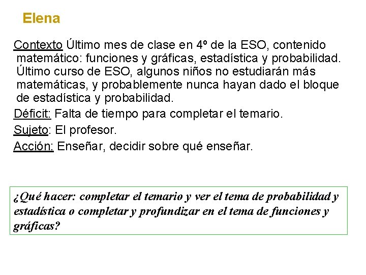 Elena Contexto Último mes de clase en 4º de la ESO, contenido matemático: funciones