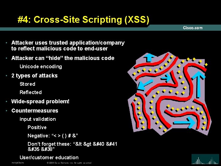 #4: Cross-Site Scripting (XSS) • Attacker uses trusted application/company to reflect malicious code to
