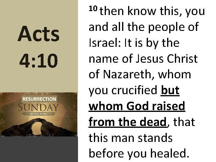 Acts 4: 10 10 then know this, you and all the people of Israel: