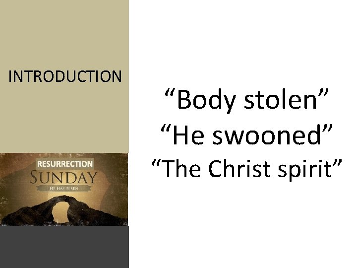 INTRODUCTION “Body stolen” “He swooned” “The Christ spirit” 