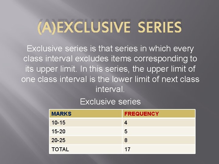 (A)EXCLUSIVE SERIES Exclusive series is that series in which every class interval excludes items