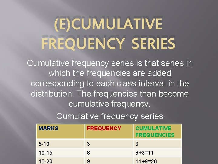 (E)CUMULATIVE FREQUENCY SERIES Cumulative frequency series is that series in which the frequencies are