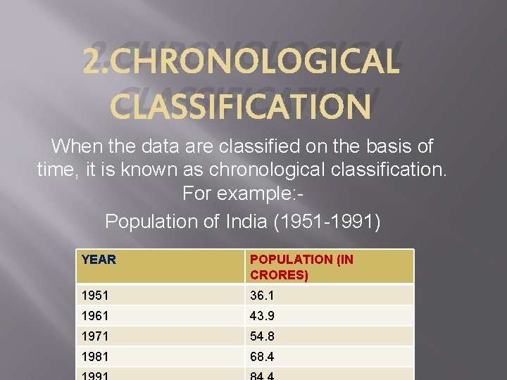 2. CHRONOLOGICAL CLASSIFICATION When the data are classified on the basis of time, it
