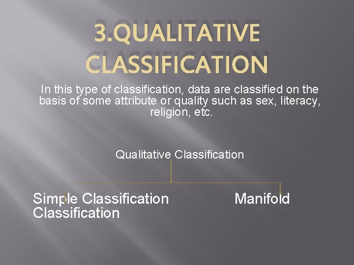 3. QUALITATIVE CLASSIFICATION In this type of classification, data are classified on the basis